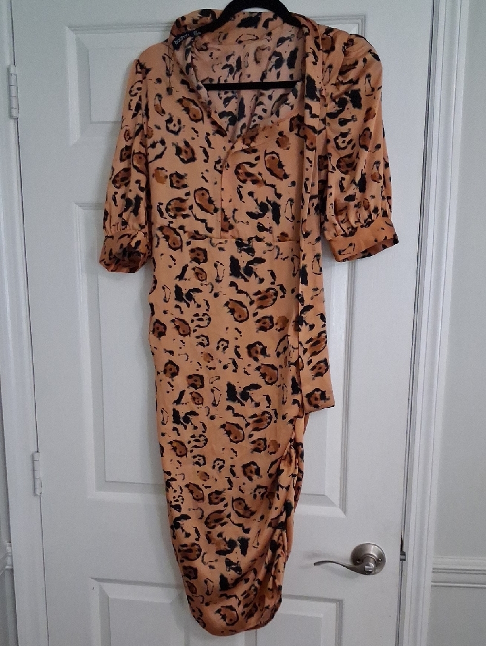 Tan Leopard-Print Midi Dress with Puff Sleeves
